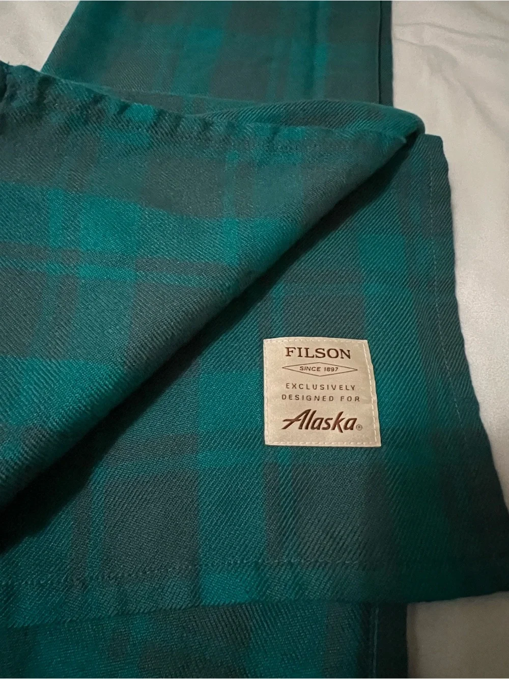 Filson Teal and Black Plaid Wool Blanket Scarf